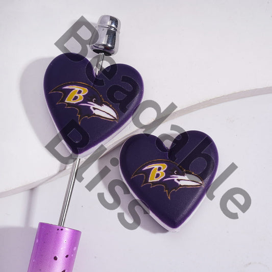 Silicone Focal Beads with American Football Baltimore Pattern, Flat Heart Shape