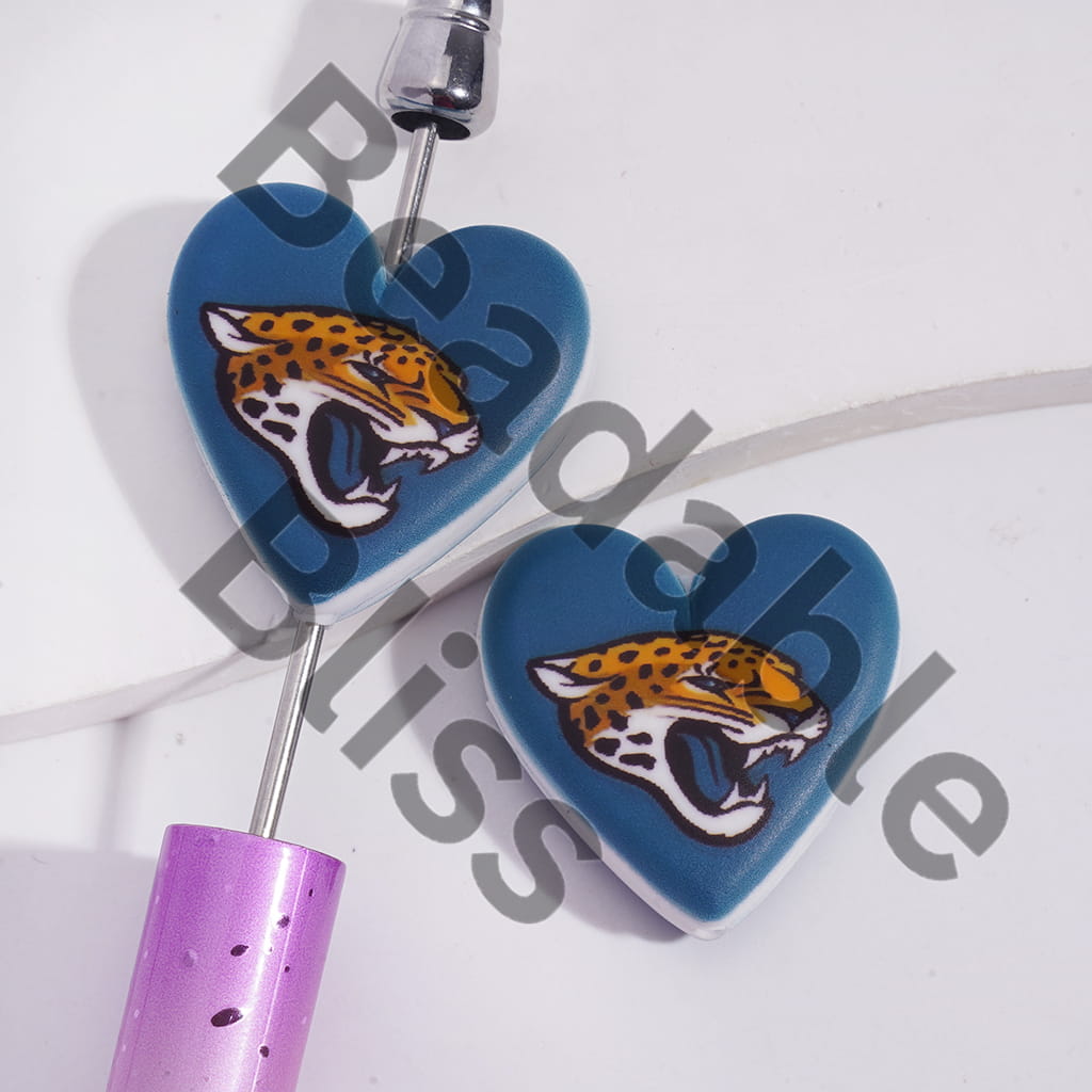 Silicone Focal Beads with American Football Jacksonville Pattern, Flat Heart Shape