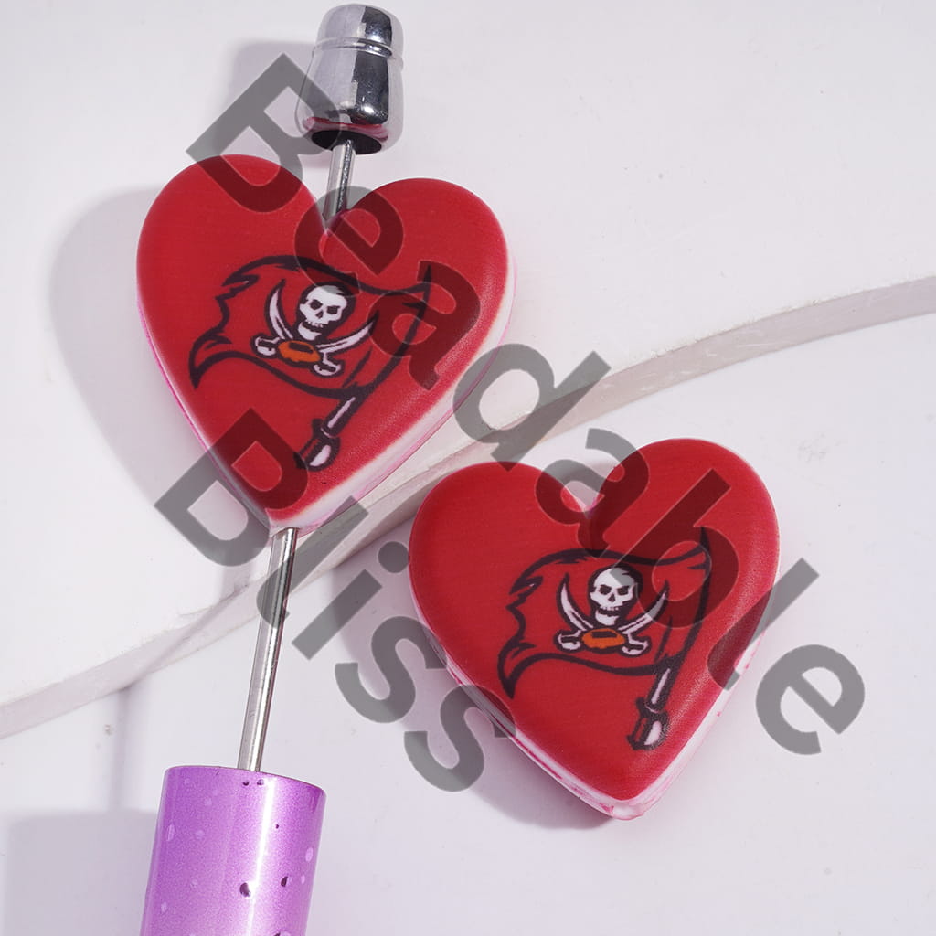 Silicone Focal Beads with American Football Tampa Pattern, Flat Heart Shape