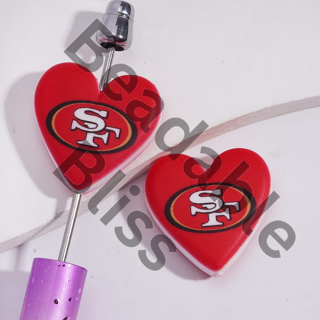Silicone Focal Beads with American Football Atlanta Pattern, Flat Heart Shape