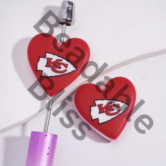 Silicone Focal Beads with American Football KC Pattern, Flat Heart Shape
