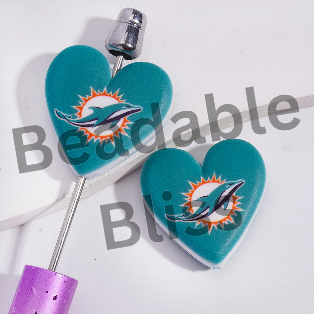 Silicone Focal Beads with American Football Miami Pattern, Flat Heart Shape