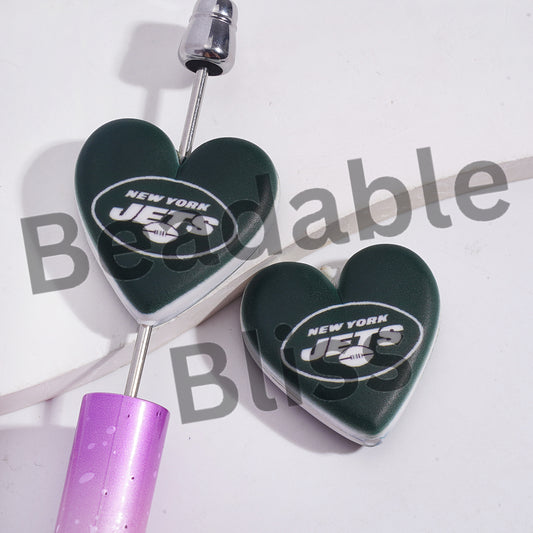 Silicone Focal Beads with American Football NY Jets Pattern, Flat Heart Shape