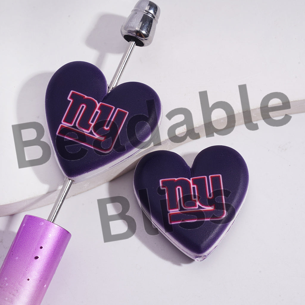 Silicone Focal Beads with American Football NY Pattern, Flat Heart Shape