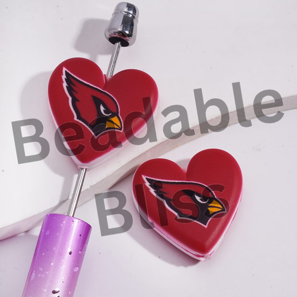 Silicone Focal Beads with American Football Arizona Pattern, Flat Heart Shape