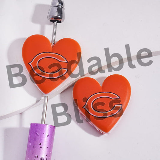 Silicone Focal Beads with American Football Chicago Pattern, Flat Heart Shape