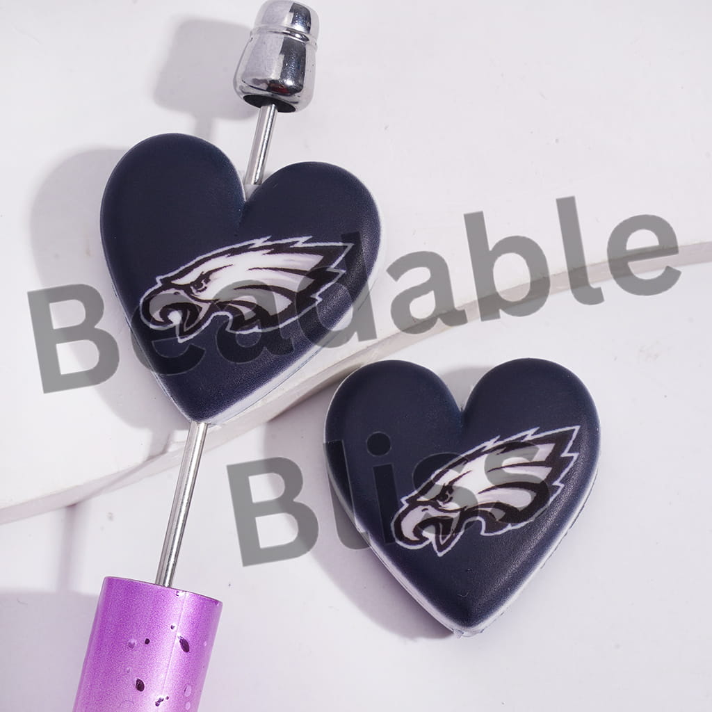 Silicone Focal Beads with American Football Philly Pattern, Flat Heart Shape