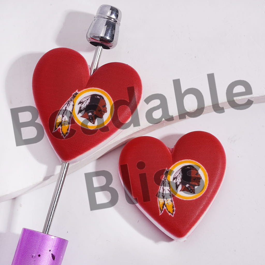 Silicone Focal Beads with American Football Washington Pattern, Flat Heart Shape