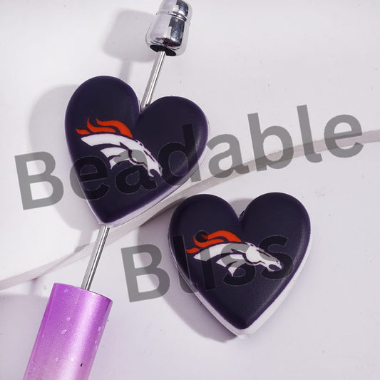 Silicone Focal Beads with American Football Denver Pattern, Flat Heart Shape