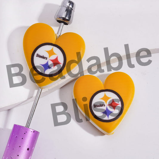Silicone Focal Beads with American Football Pittsburgh Pattern, Flat Heart Shape