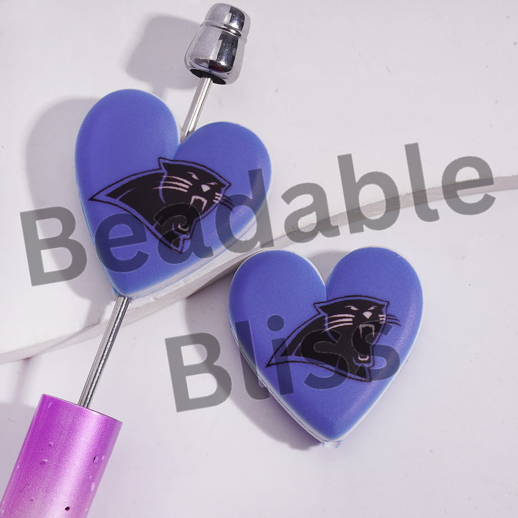 Silicone Focal Beads with American Football Carolina Pattern, Flat Heart Shape