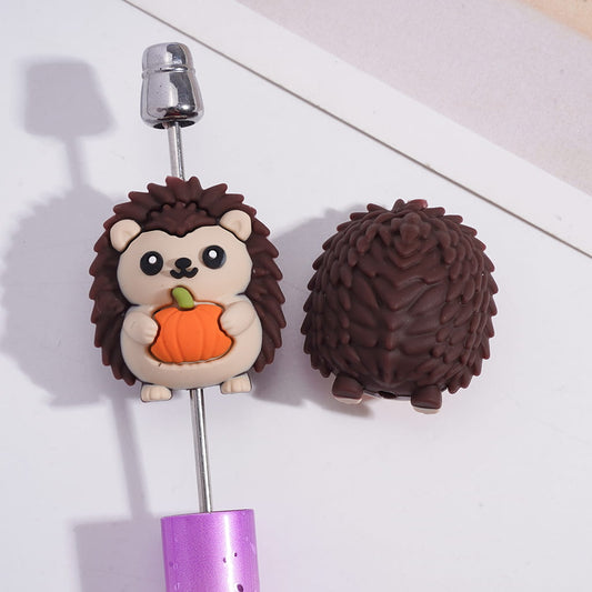 Silicone Focal Beads 3D Lovely Hedgehog Holding Orange Pumpkin