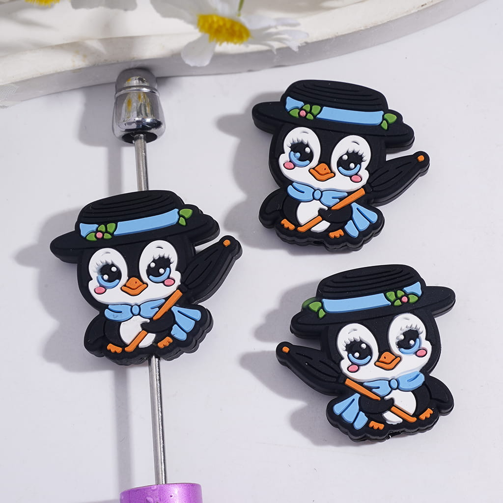 Silicone Focal Beads Magician Penguin Holding Black Umbrella