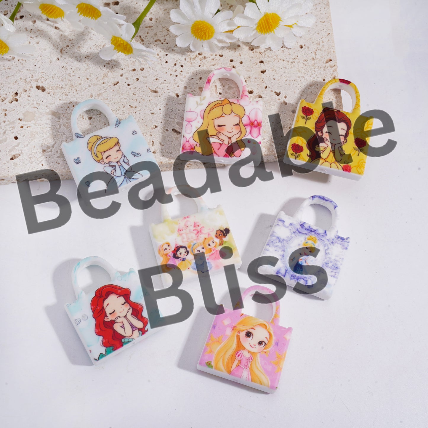 Silicone Focal Handbag Beads with Classic Animation Princess Prints Series, Random Mix