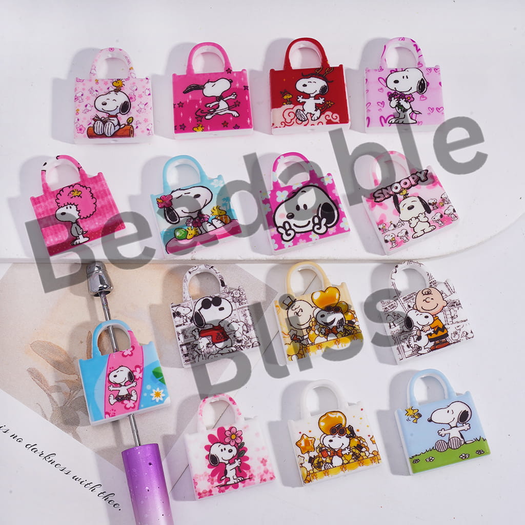 Silicone Focal Handbag Beads with Beagle Dog Yellow Bird Little Boy Character Prints Series, Flat Square Shape, Random Mix