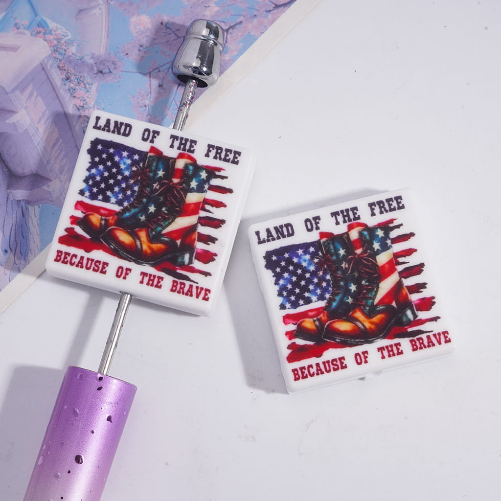 Silicone Focal Beads w USA American Army Boot Patriotism & Text "LAND OF THE FREE BECAUSE OF HTE BRAVE", Flat Square Shape