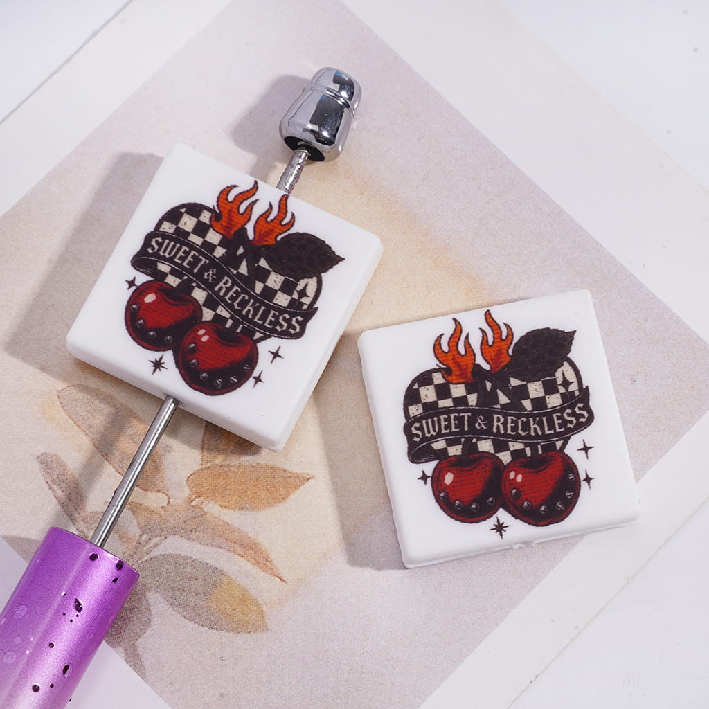 Silicone Focal Beads with Fire Cherry and Text "SWEET & RECKLESS, Flat Square Shape