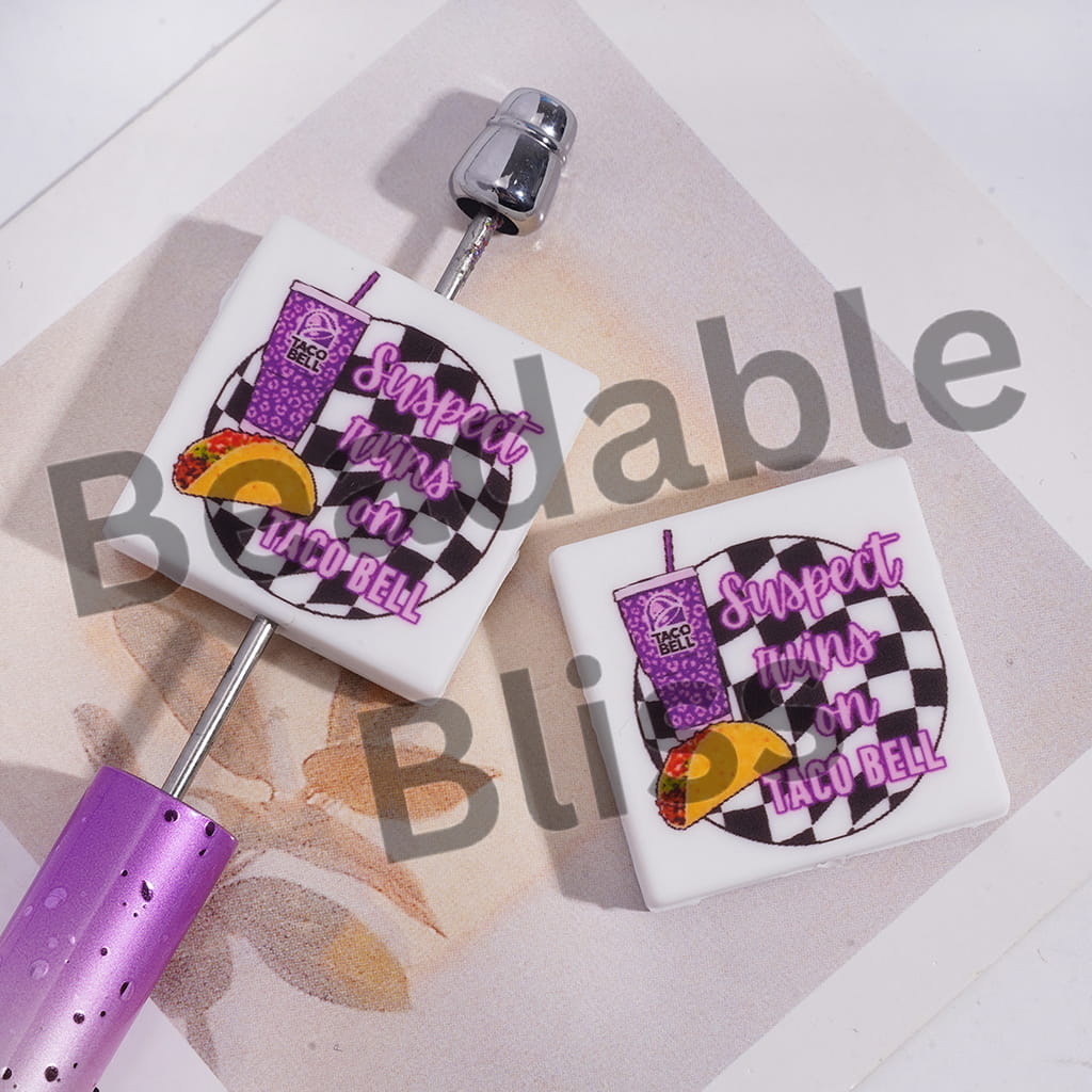 Silicone Focal Beads with Fast Food on Round Black White Checkered, Flat Square Shape