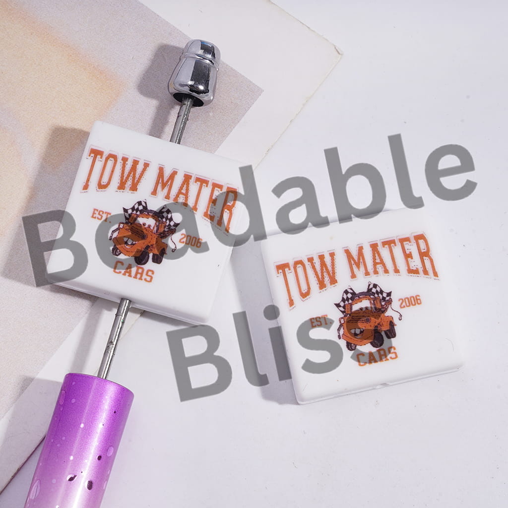 Silicone Focal Beads with Text "TWO MATER & EST. 2026 CARS" Sports Car Character, Flat Square Shape