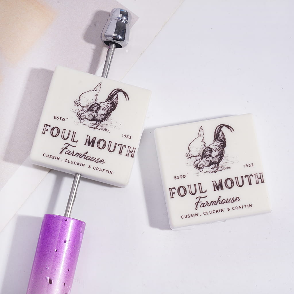 Silicone Focal Beads with Roosters and Hens and Text "ESTO-1952 FOUL MOUTH Farm house CUSSIN' CLUCKIN' & CARTIN'", Flat Square Shape