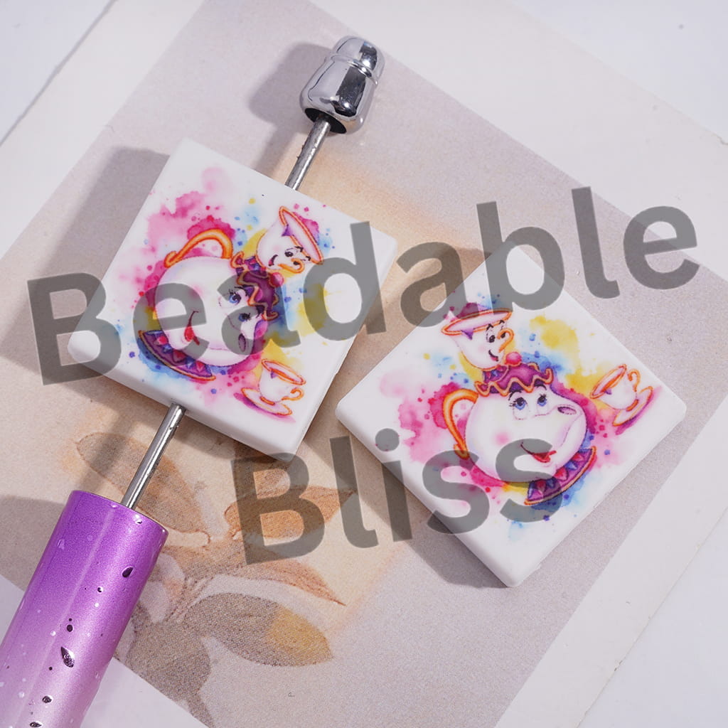 Silicone Focal Beads with Watercolor Style Teapot and Teacup Character, Flat Square Shape