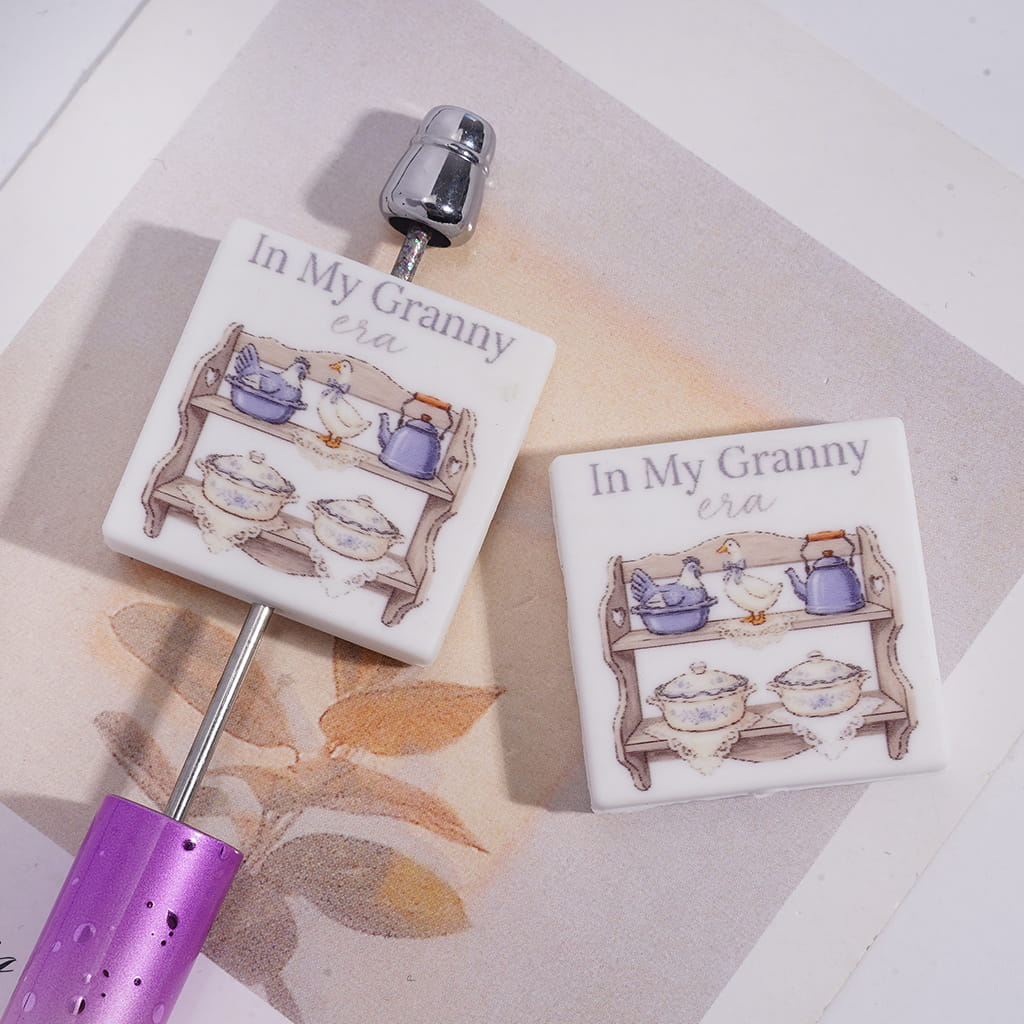 Silicone Focal Beads with Text "IN MY Granny era" and Furniture on Shelf, Flat Square Shape