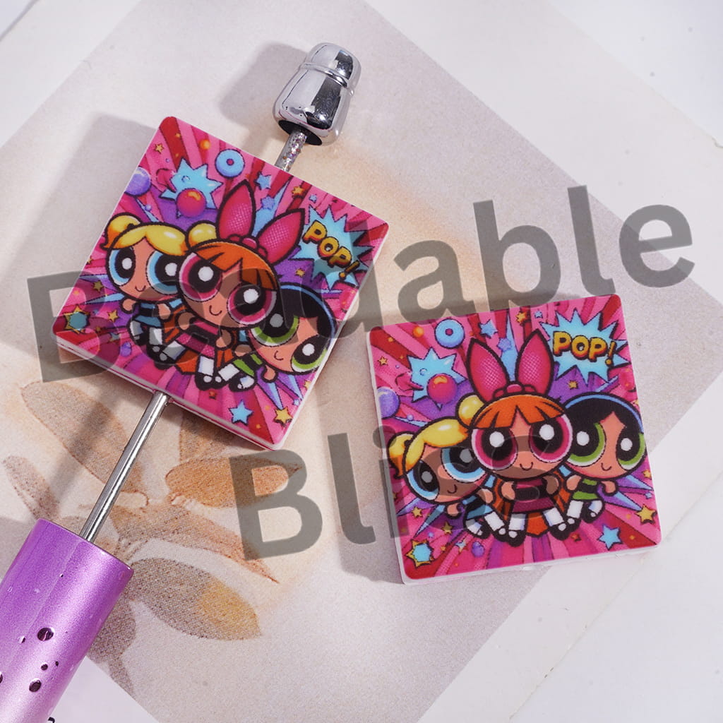 Silicone Focal Beads with Text "POP!" and Brave Girl Police Character, Flat Square Shape