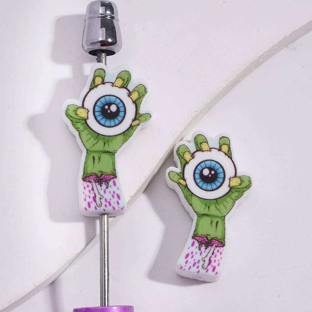 Silicone Focal Beads Green Zombie Hand Holding Eyeball in Halloween Theme