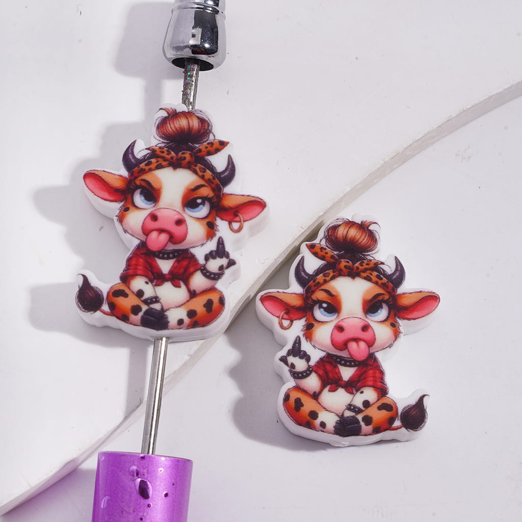 Silicone Focal Beads Funny Highland Cow Stick Out Tongue and One-Finger Gesture