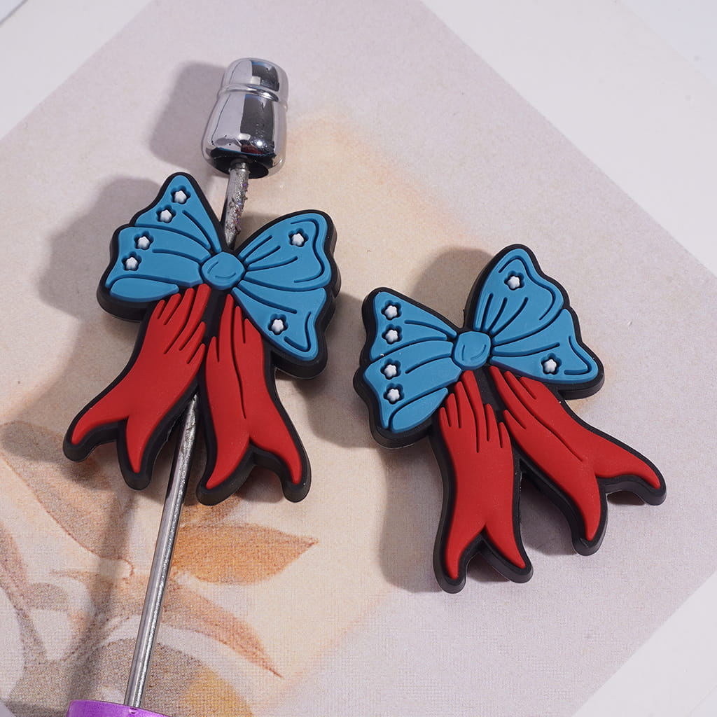 Silicone Focal Beads Bowknot with American Flag Patterns