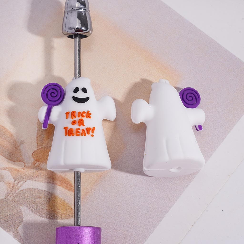 Silicone Focal Beads 3D Halloween White Ghost Holding Purple Lollipop with Text "TRICK OR TREAT" on Chest
