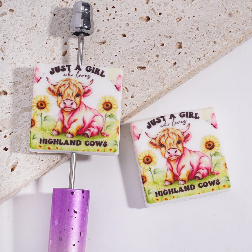 Silicone Focal beads w Text "JUST A GIRL who loves HIGHLAND COWS" and Cow on Sunflower Grass, Flat Square Shape
