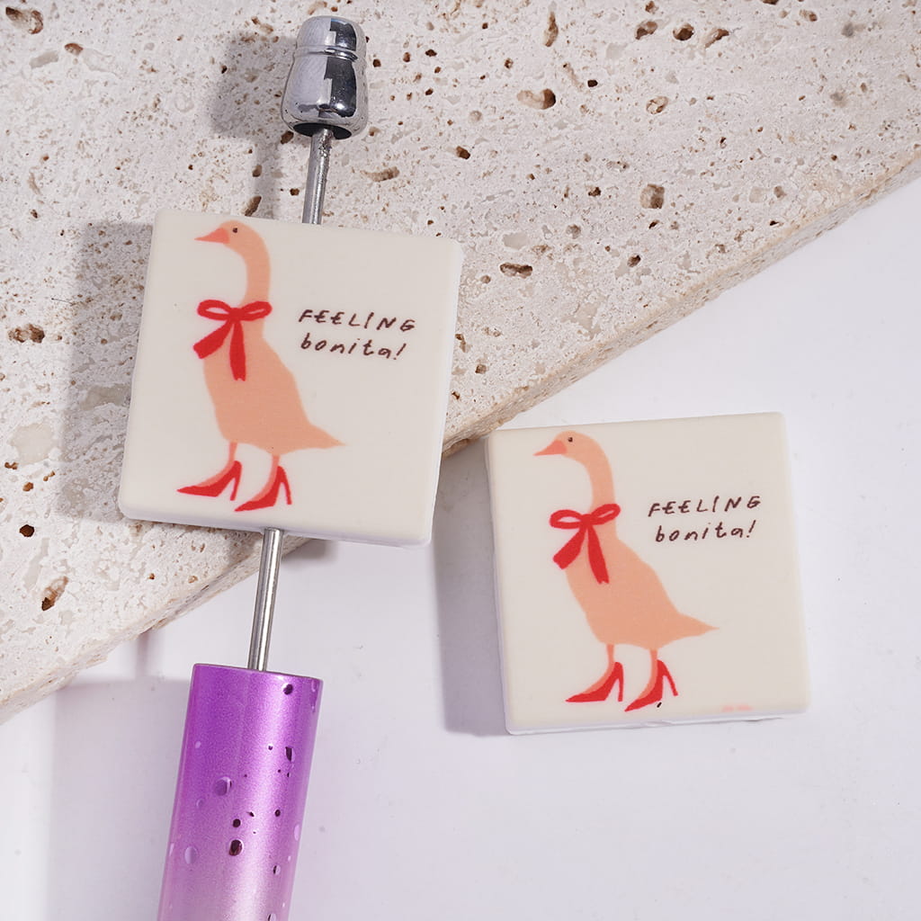 Silicone Focal Beads with Text "FEELING bonita!" and Goose Wearing Red Bowtie High-Heeled Shoes, Flat Square Shape