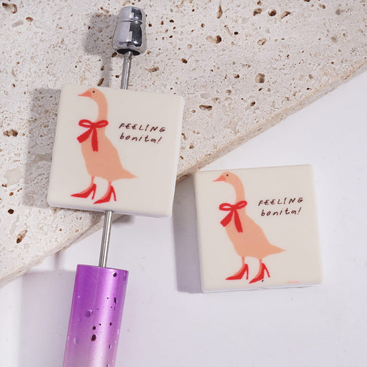 Silicone Focal Beads with Text "FEELING bonita!" and Goose Wearing Red Bowtie High-Heeled Shoes, Flat Square Shape