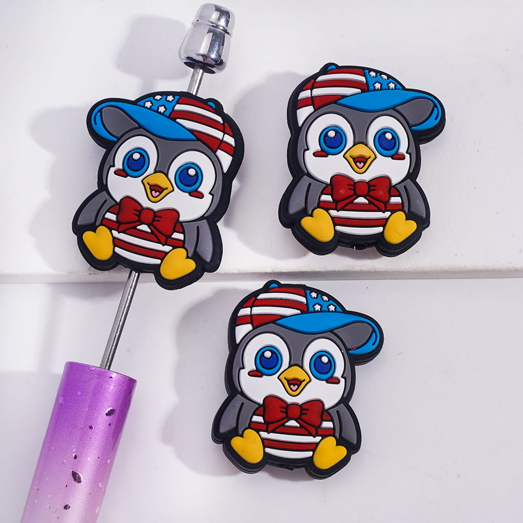 Silicone Focal Beads Little Penguin Wearing Red Bowtie and Baseball Cap with American Flag Prints