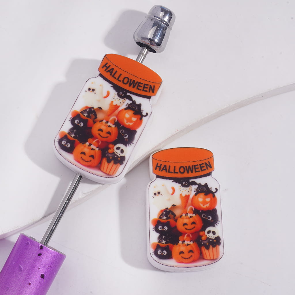 Silicone Focal Beads Halloween Jar with Pumpkin Bat Cat Ice-Crem Dessert Inside