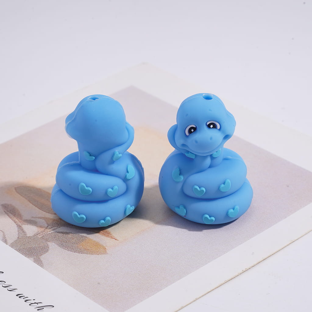 Silicone Focal Beads 3D Cute Coiled Blue Snake with Hearts on Tail