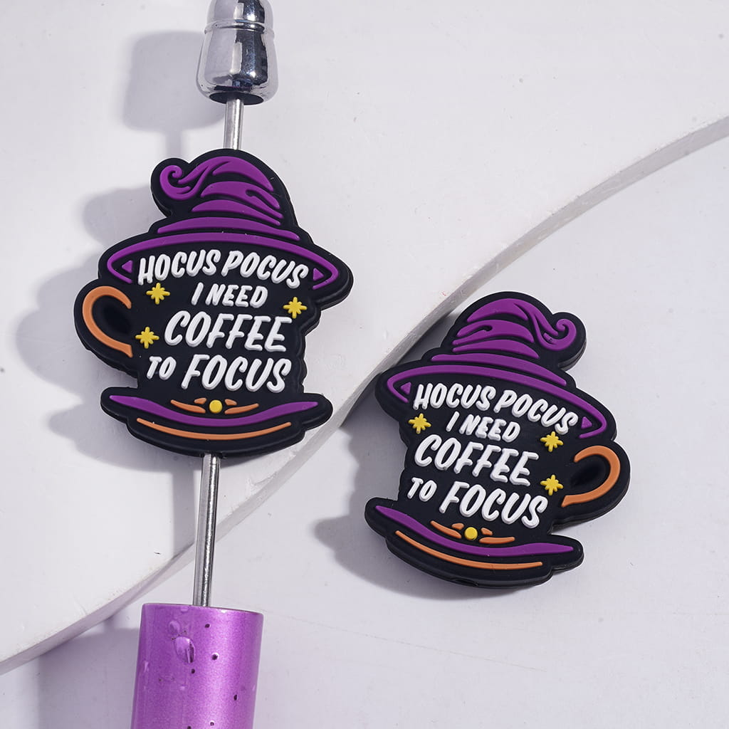 Silicone Focal Beads Teacup with Text "HOCUS POCUS I NEED COFFEE TO FOCUS" and Purple Witch Hat Yellow Stars