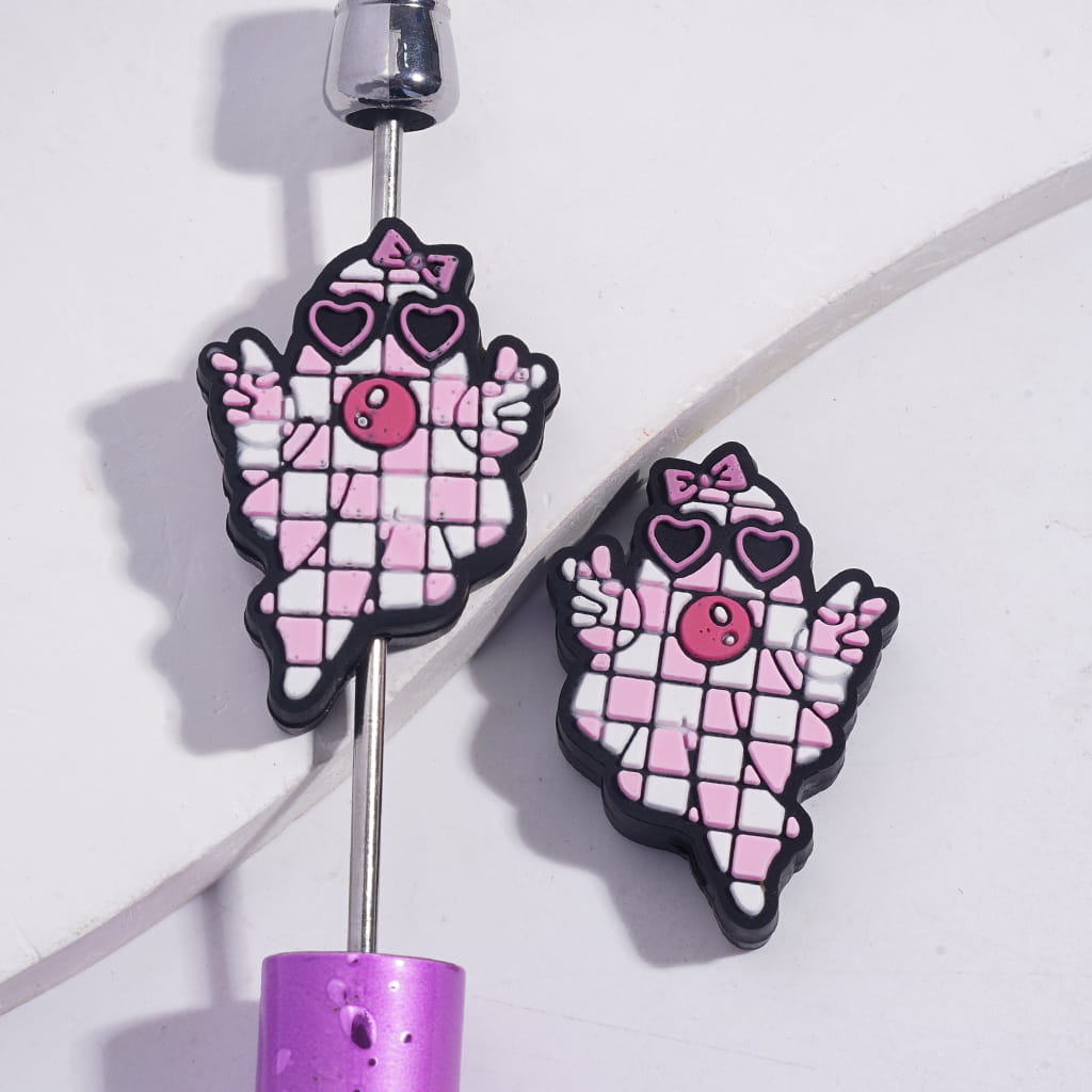 Silicone Focal Beads Cool Ghost Wearing Heart Shaped Glasses and Blowing Bubble in Pink White Checkered Cloak