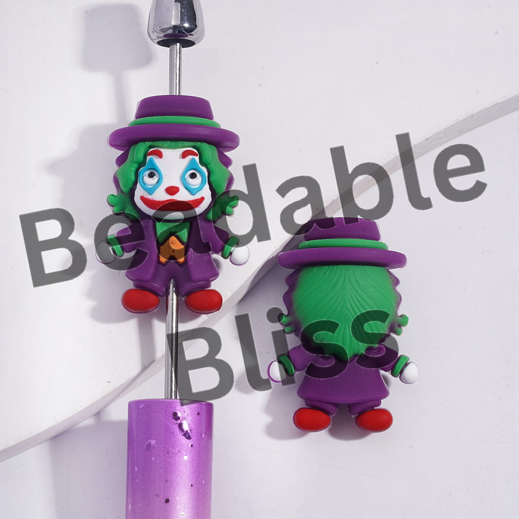 Silicone Focal Beads 3D Horror Clown Wearing Purple Hat Suit with Green Hair