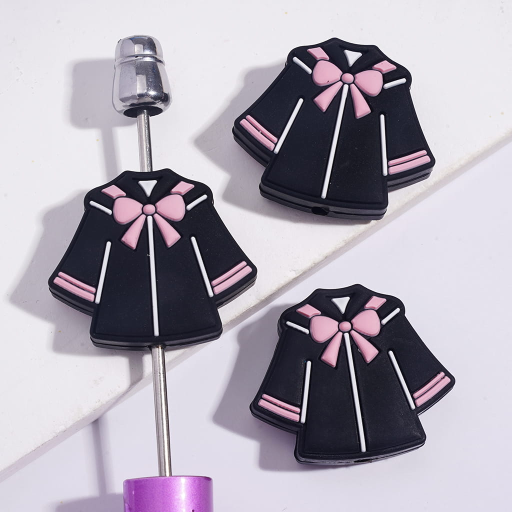 Silicone Focal Beads Black Academic Dress with Pink Bowtie