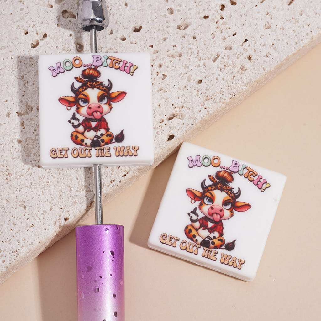 Silicone Focal Beads w Text "Humor GET OUT THE WAY" & Highland Cow Stick Out Tongue One-Finger Gesture, Flat Square Shape