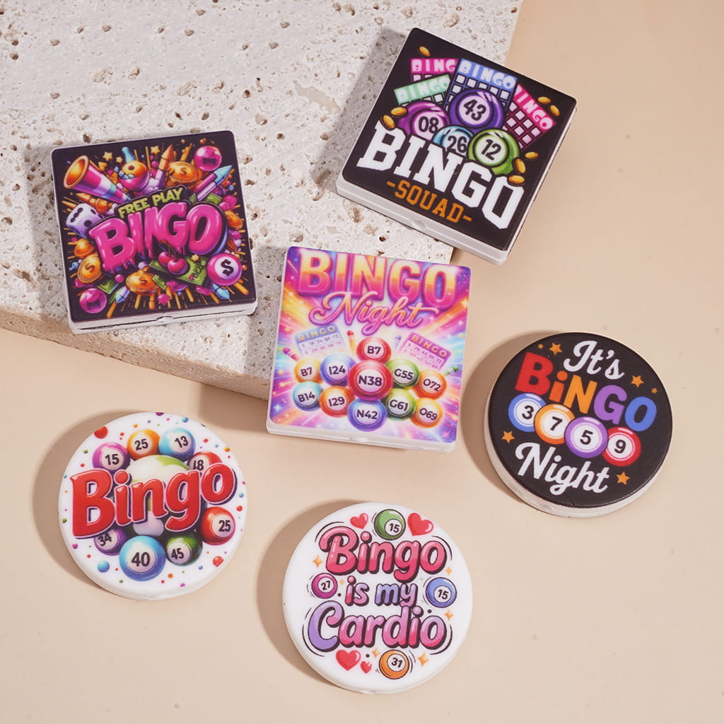 Silicone Focal Beads with Bingo Game Theme, Flat Square and Round Shapes