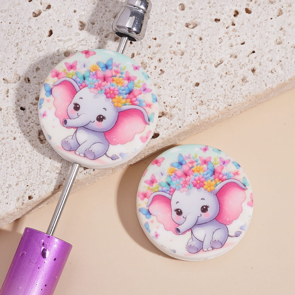 Silicone Focal Beads with Elephant Wearing Flower Wreath Around Butterflies, Flat Round Shape