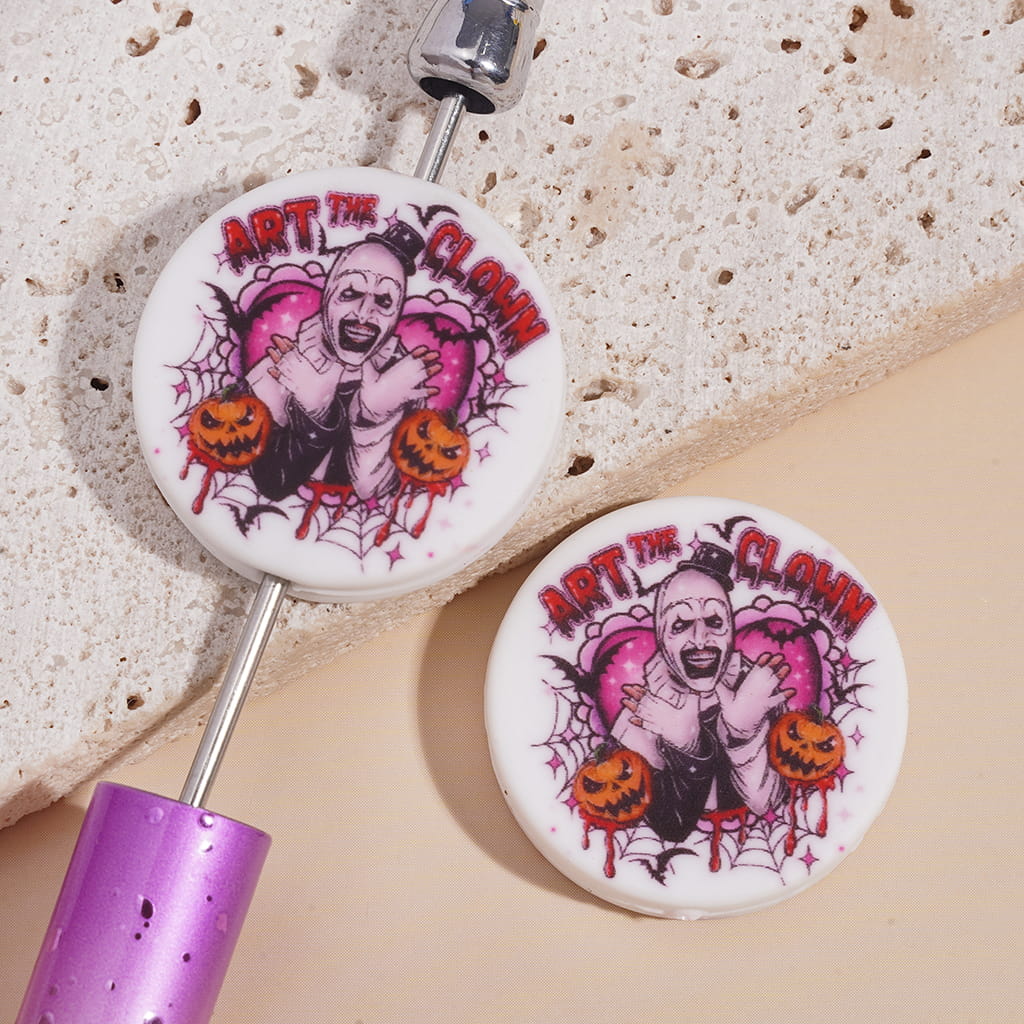 Silicone Focal Beads with Text "ART THE CLOWN" and Horror Pumpkin Spider Web Bat Halloween, Flat Round Shape