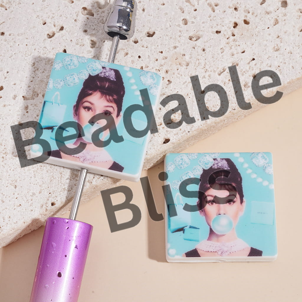 Silicone Focal Beads Renowned British Actress Blow Light Blue Bubble on Jewelry Handbag Background, Flat Square Shape