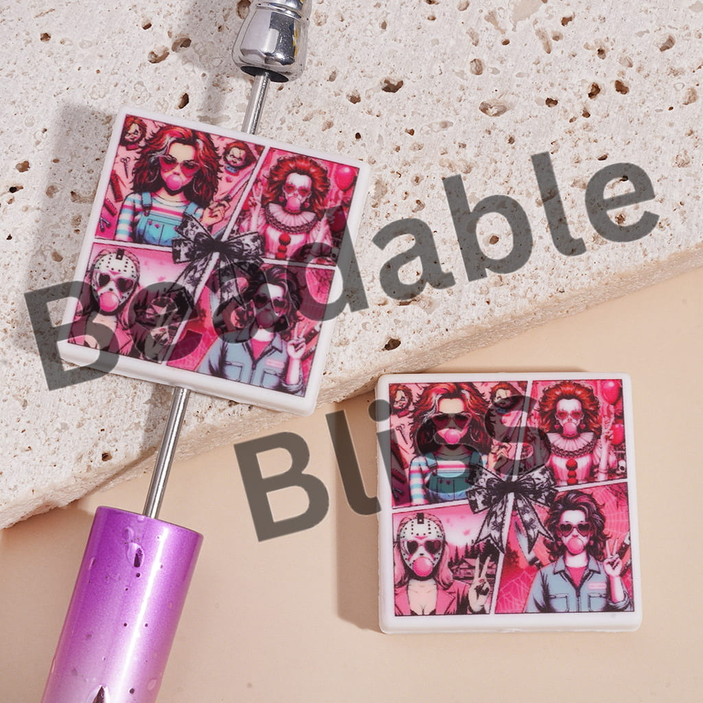 Silicone Focal Beads Classic Horror Character in Comic Four-Panel layout, Flat Square Shape