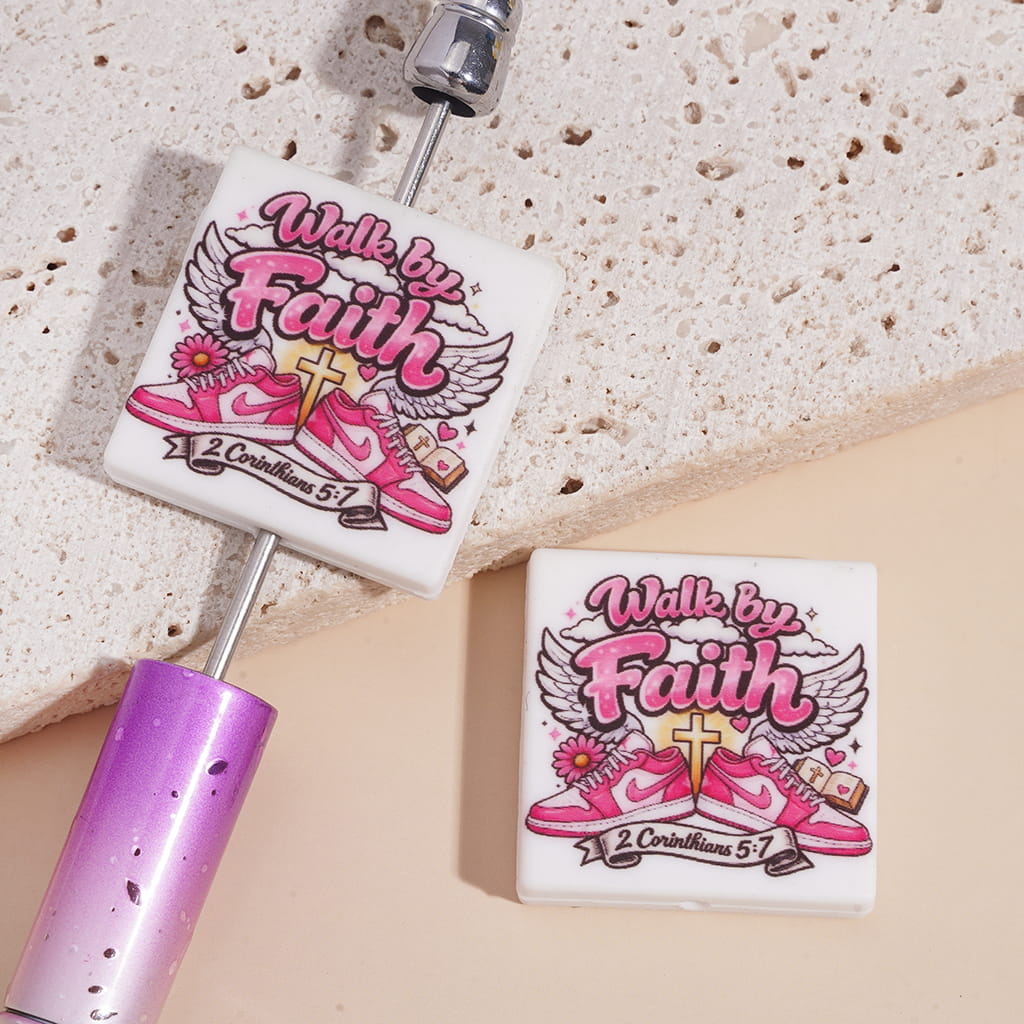 Silicone Focal Beads w Text "Walk by Faith & 2 Corinthians 5:7" & Sports Shoes Angel Wings Cross Bible, Religion Theme, Flat Square Shape