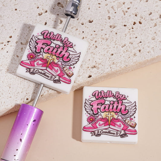 Silicone Focal Beads w Text "Walk by Faith & 2 Corinthians 5:7" & Sports Shoes Angel Wings Cross Bible, Religion Theme, Flat Square Shape