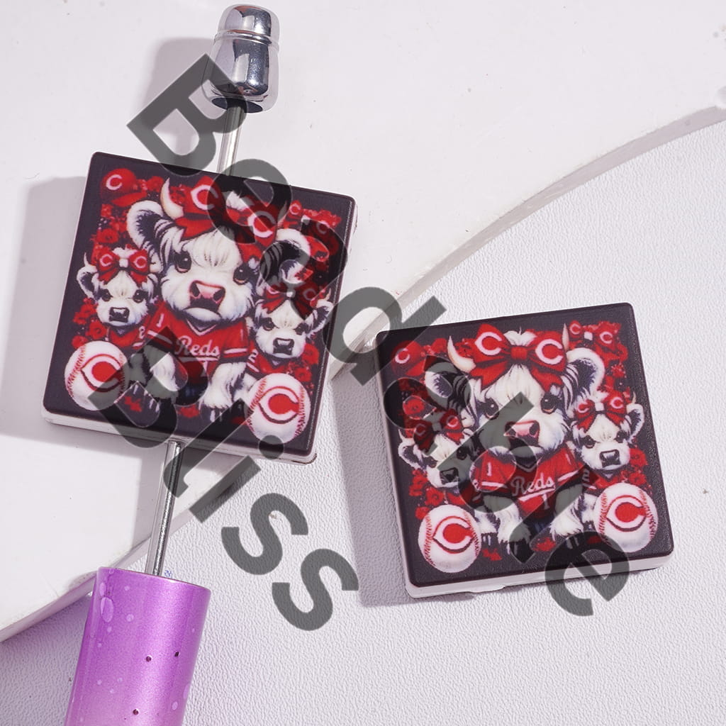 Silicone Focal Beads with American Baseball Red Cincinnati and Highland Cattle, Flat Square Shapes